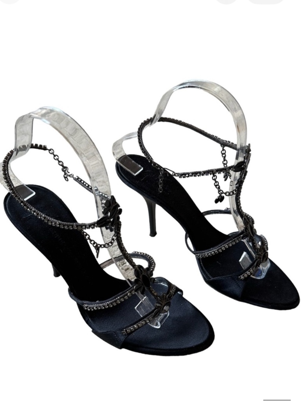 Giuseppe Zanotti Black Satin Rhinestone Enamel Anklet Heel Sandals IT 38.5 NIB